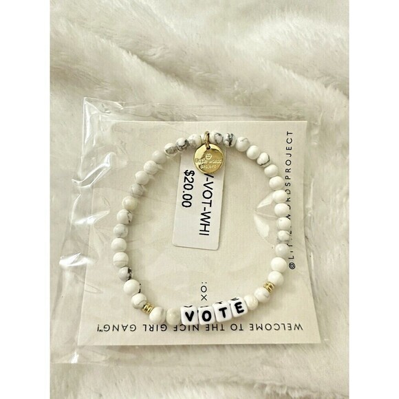 Little Words Project Jewelry - NEW Little Words Project VOTE Bracelet White Stretch Beads Gold Charm Spell Out